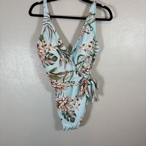 Kona Sol Wrap-Front High Coverage One Piece Swimsuit Women L Tropical Print NWT